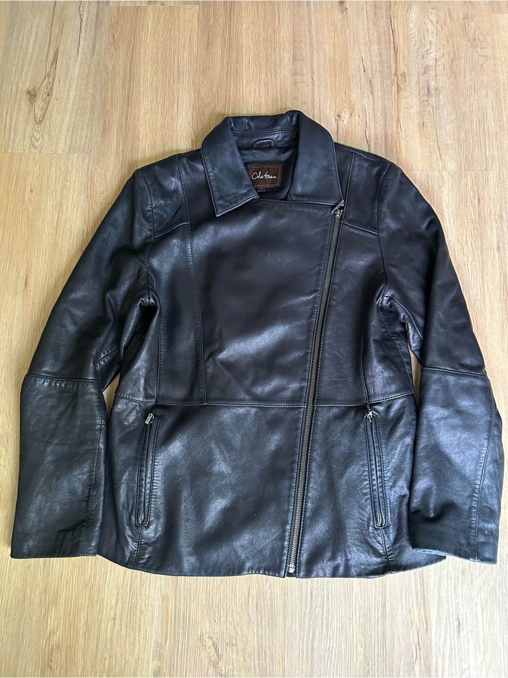 Cole Haan Black Asymmetrical Zip Leather Jacket